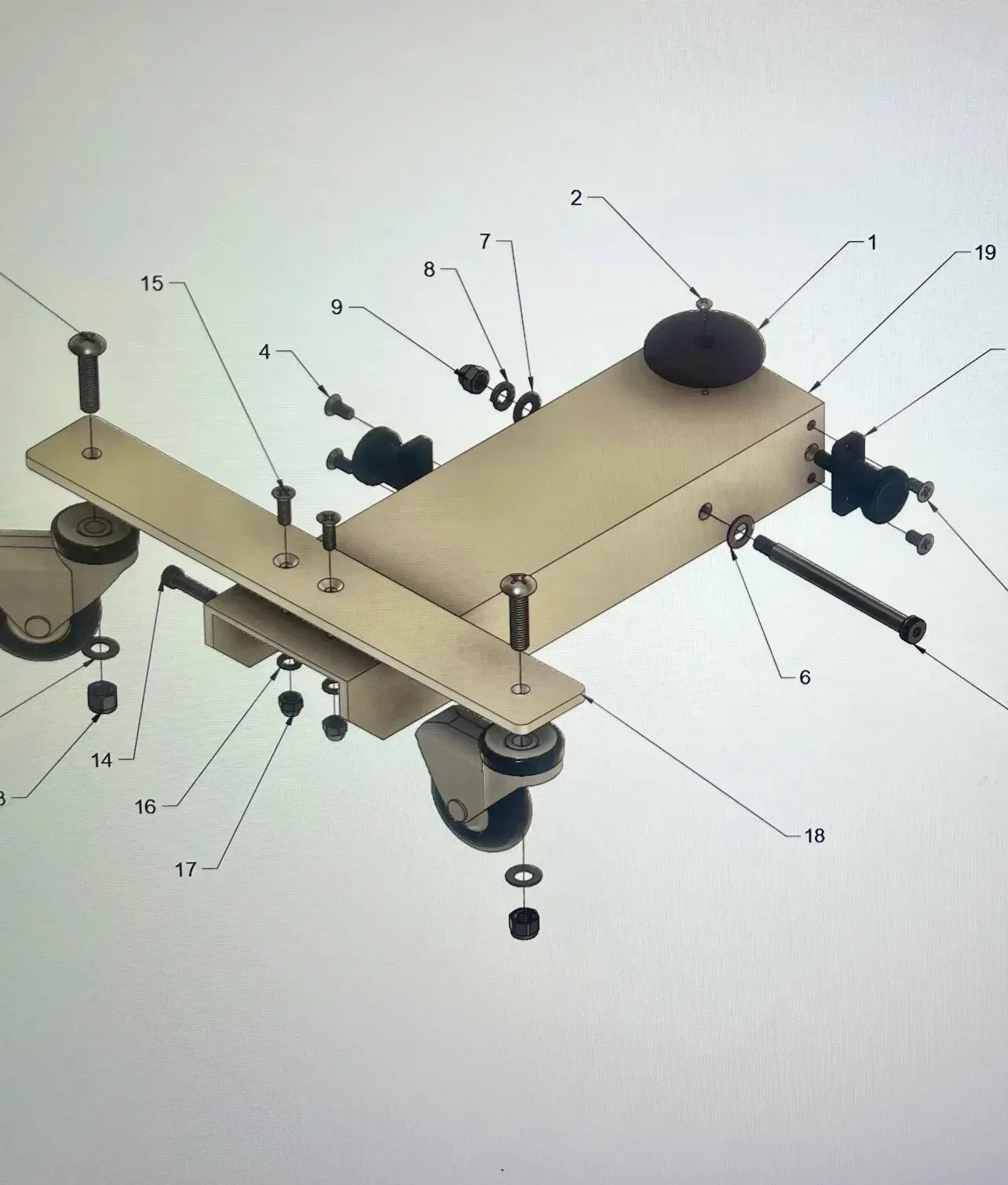 Exploded CAD drawing of a cart base with numbered parts