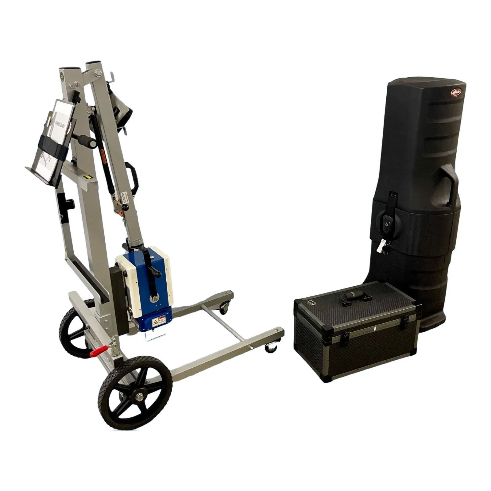 Assembled mobile cart with tube head next to its travel cases