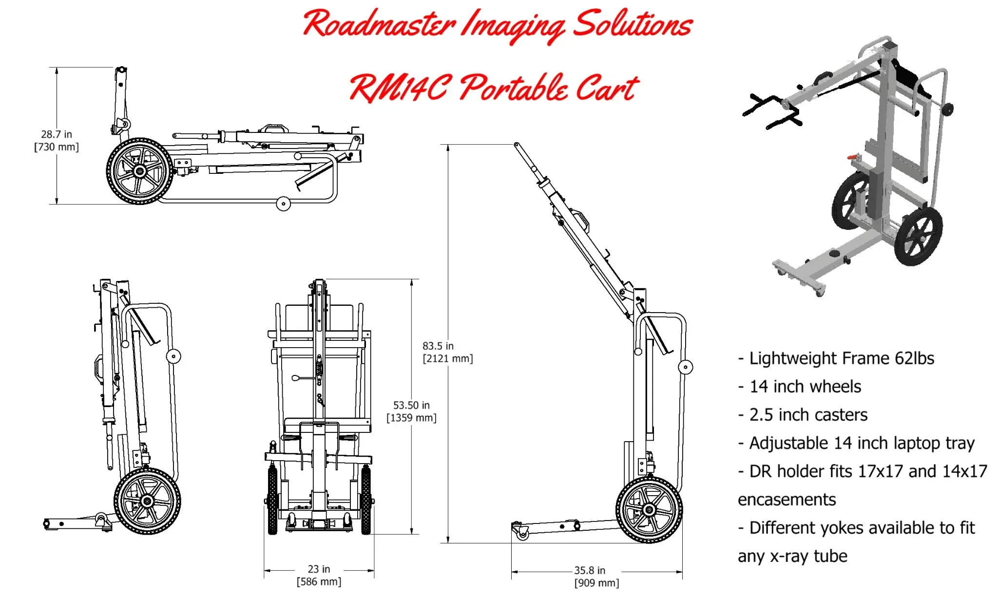 RM14C dimensioned drawing: folded, front and extended views