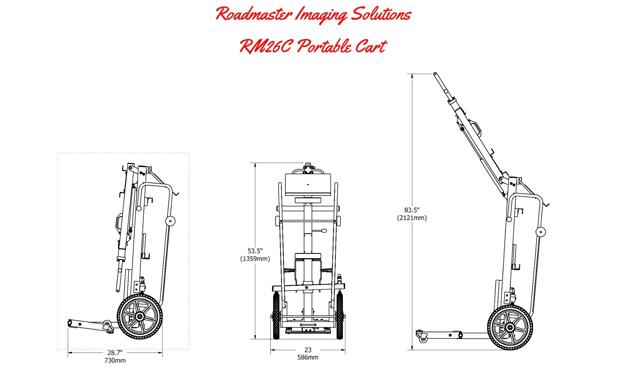 RM26C dimensioned drawing: folded, front and extended views